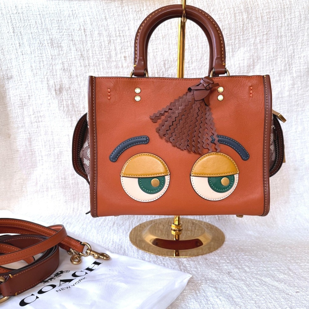 Coach Tan/Brown Leather Top-Handle Tote with Eye Appliqués